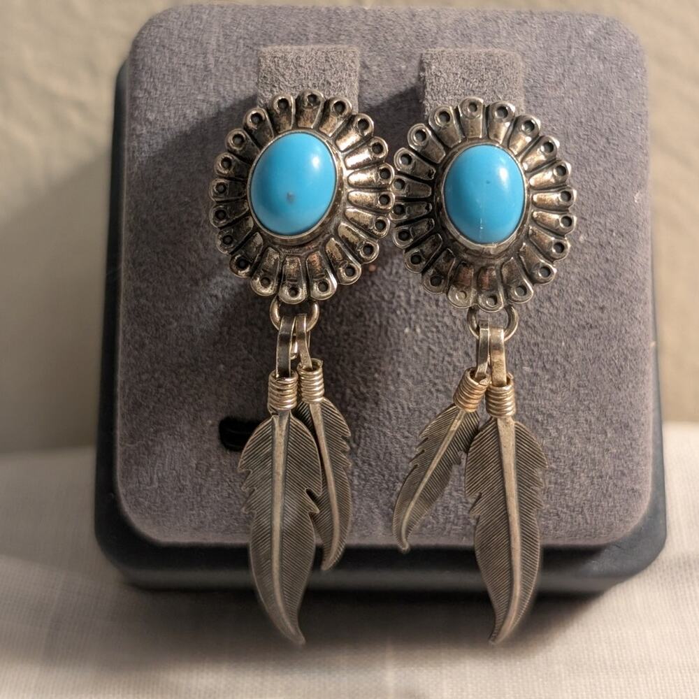 Vintage Signed QT Sterling Turquoise Feather Dangle Pierced Earrings